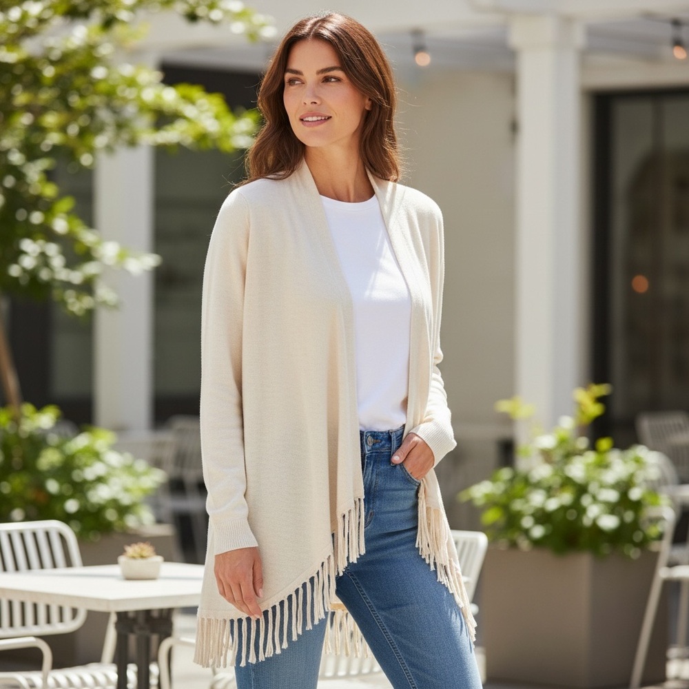 BLUE SAKS FIFTH‎ AVENUE FRINGED OPEN FRONT CARDIGAN
